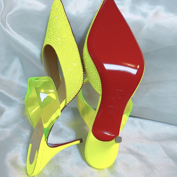 Brand New* CHRISTIAN LOUBOUTIN Suede PVC Neon Yellow Choc Strass Pumps - Picture 8 of 9